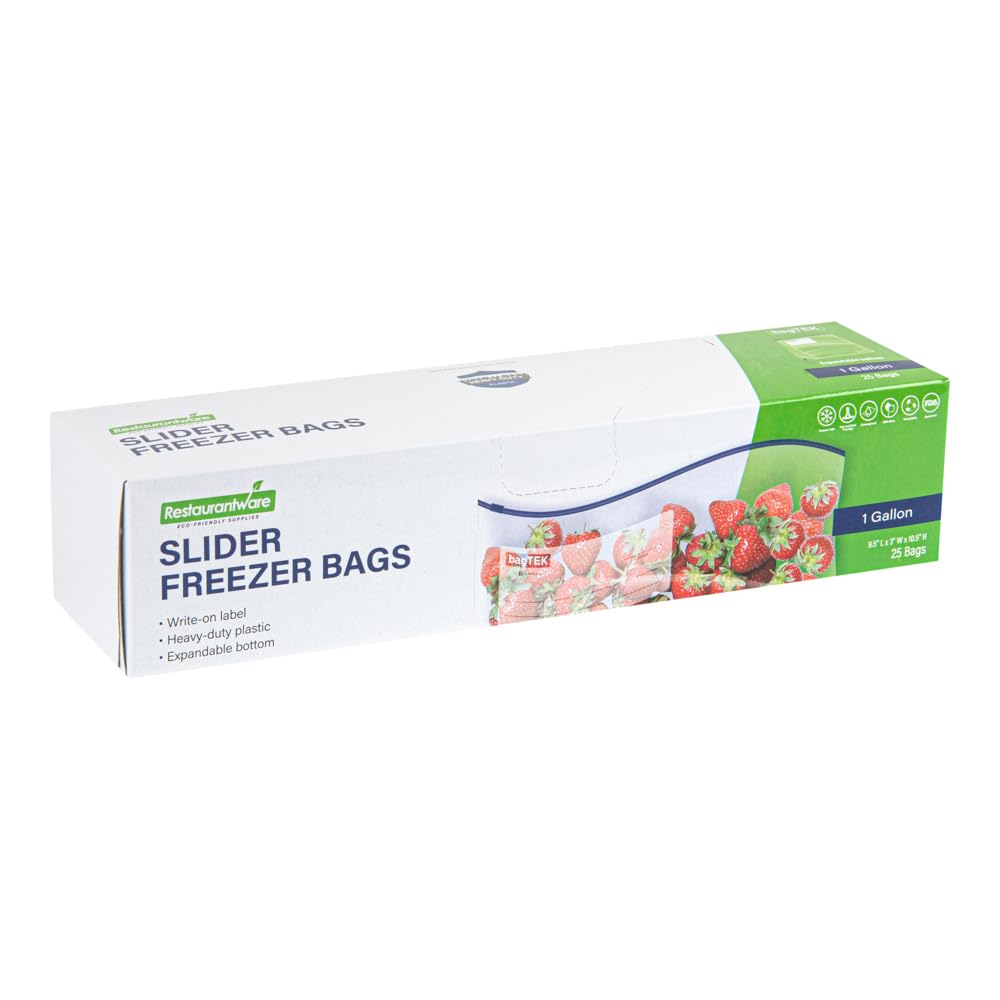Restaurantware Bag Tek 1 Gallon Freezer Slider Bags 1000 Disposable Zipper Pouch Bags - Slide Zipper Expandable Bottom Clear Plastic Freezer Bags With Write-On-Label For Food Storage
