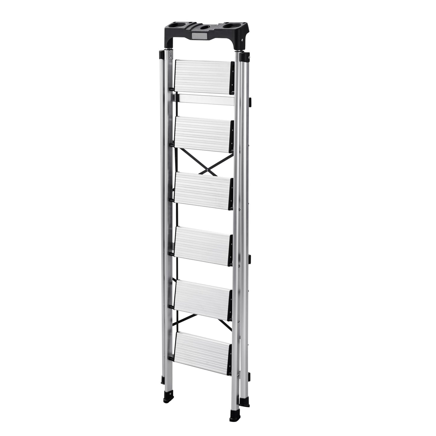 VEVOR 6 Step Ladder, Folding Step Stool with Wide Anti-Slip Pedal and Comfort Handgrip, 330 lbs Capacity Portable Aluminum Stepladder, Multi-Use for Kitchen, Warehouse, Household and Office, Silver