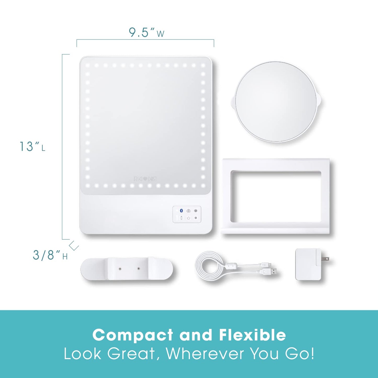 GLAMCOR Riki Skinny Smart Vanity Mirror with HD LEDs, Magnifying Mirror Attachment, Phone Holder and Bluetooth Control (White, 5X Magnification)
