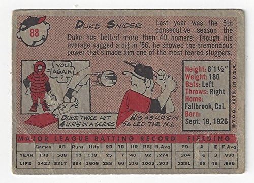 Duke Snider Collectible Baseball Card - 1958 Topps Baseball Card #88 (Los Angeles Dodgers) Free Shipping
