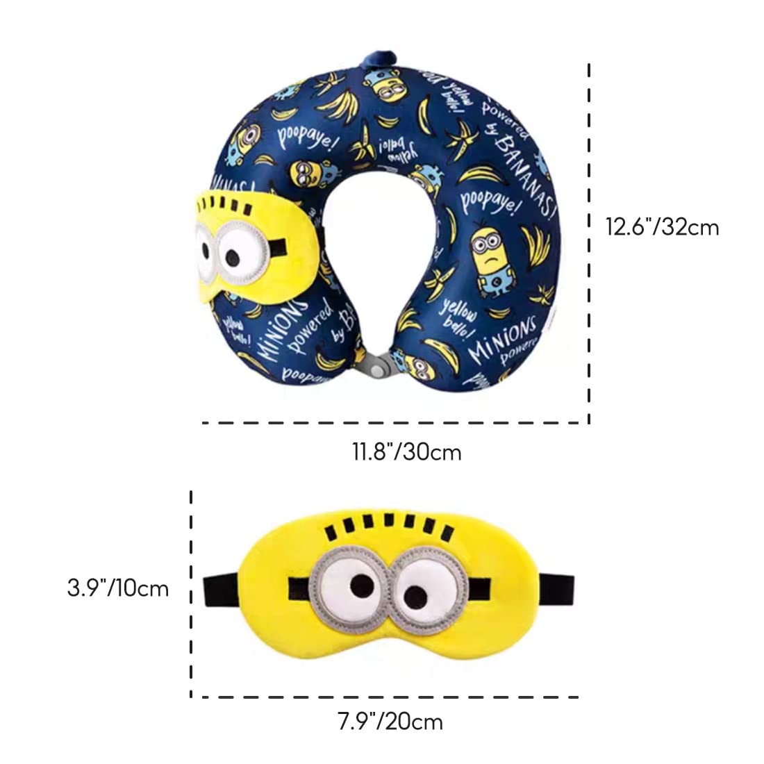 MINISO Minions Travel Neck Pillow with Eye Mask, Cute Cartoon 100% Memory Foam Neck Support Pillow, Lightweight Travelling Pillow Set for Airplane, Car and Home Use