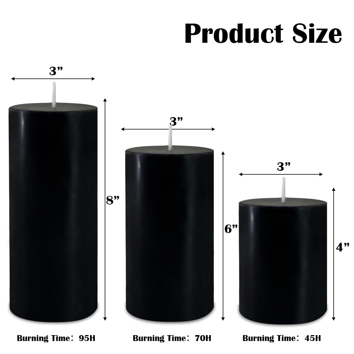 Black Pillar Candles Set of 3 - Dripless Unscented - 3x4, 3x6 & 3x8 inches Decorative Candles for Home Decor & Table Centerpieces