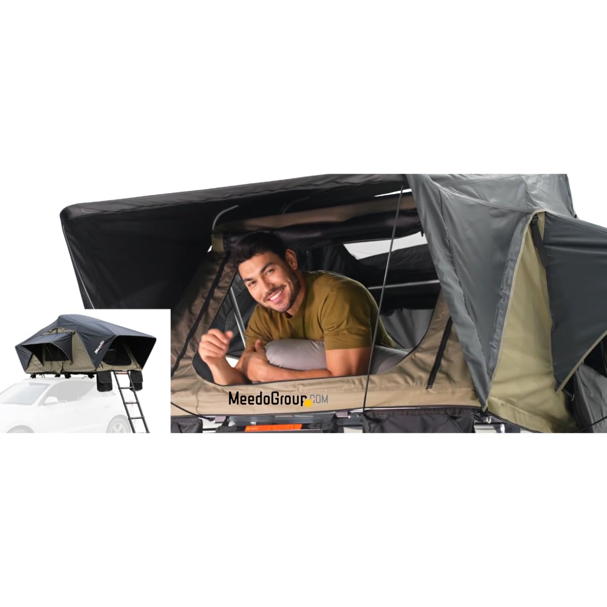 Meedo Apolle A86 M, Soft Shell Rooftop Tent, Fits 2 People, Made with Waterproof Material and a Rainfly-Fold Design, Clamshell Army Green Roof top Tent for Overlanding Hunting, Ladder Included
