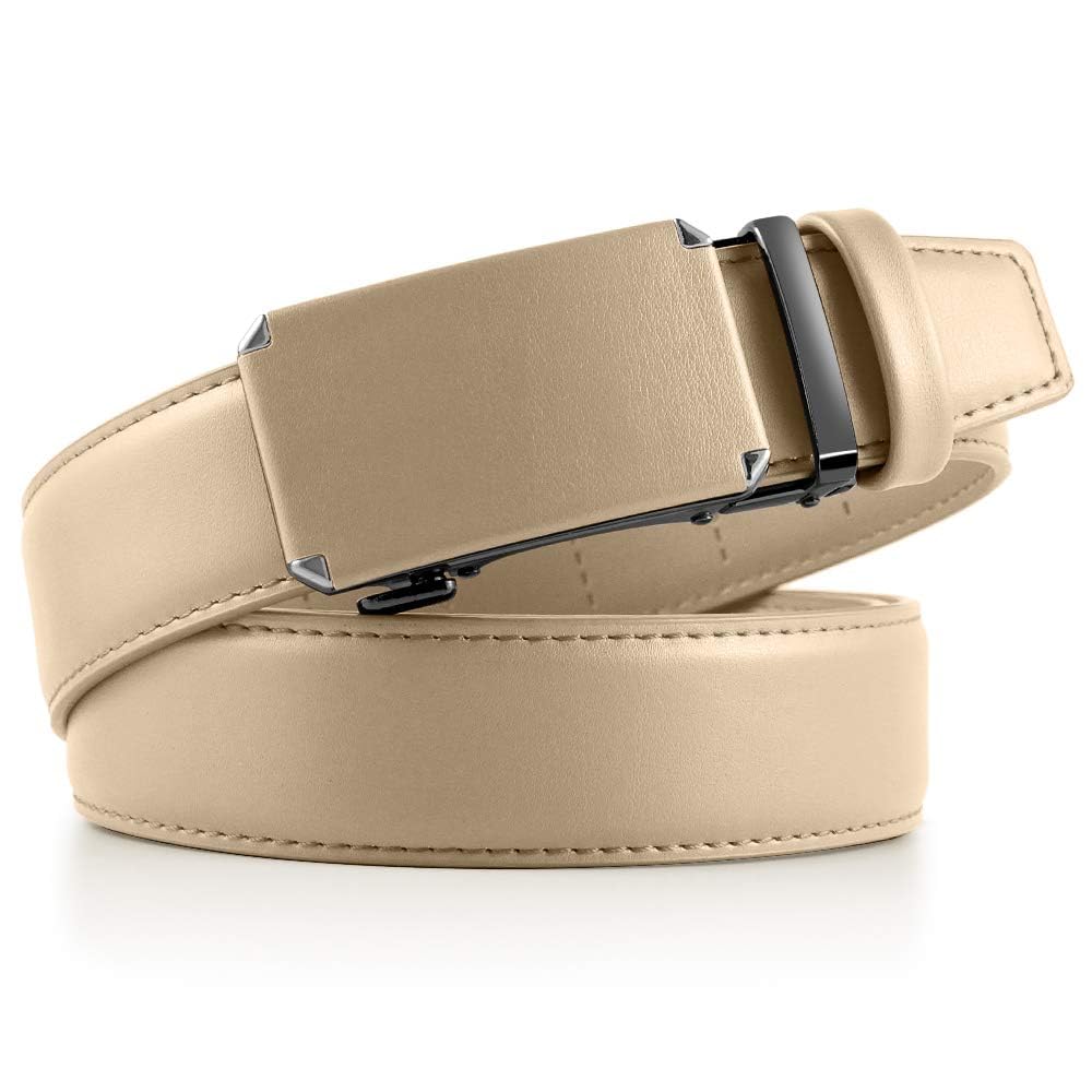 DOOPAI Men's Leather Ratchet Belts, Adjustable Belt in Beige with Sliding Length 28-36", Metal Buckle Men's Belt Cut to fit in the Gift Box