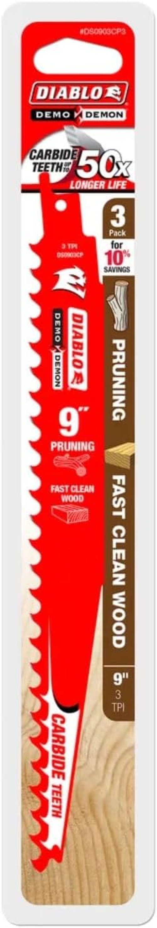 Diablo Demo Demon Reciprocating Saw Blades - Carbide Tipped for Pruning & Clean Wood | 9" Length, 3 TPI, 3-Pack