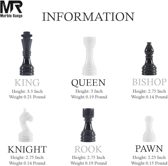 Marble Chess Set for Adults 15 Handmade Black & White Board Game with 32 Chess Pieces 2 Extra Queens & Storage Box Luxury Travel Game – Elegant Home Décor