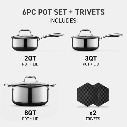 HexClad Hybrid Nonstick 6-Piece Pot Set - Includes 2 Silicone Trivets & Tempered Glass Lids | Induction Ready, Dishwasher Safe