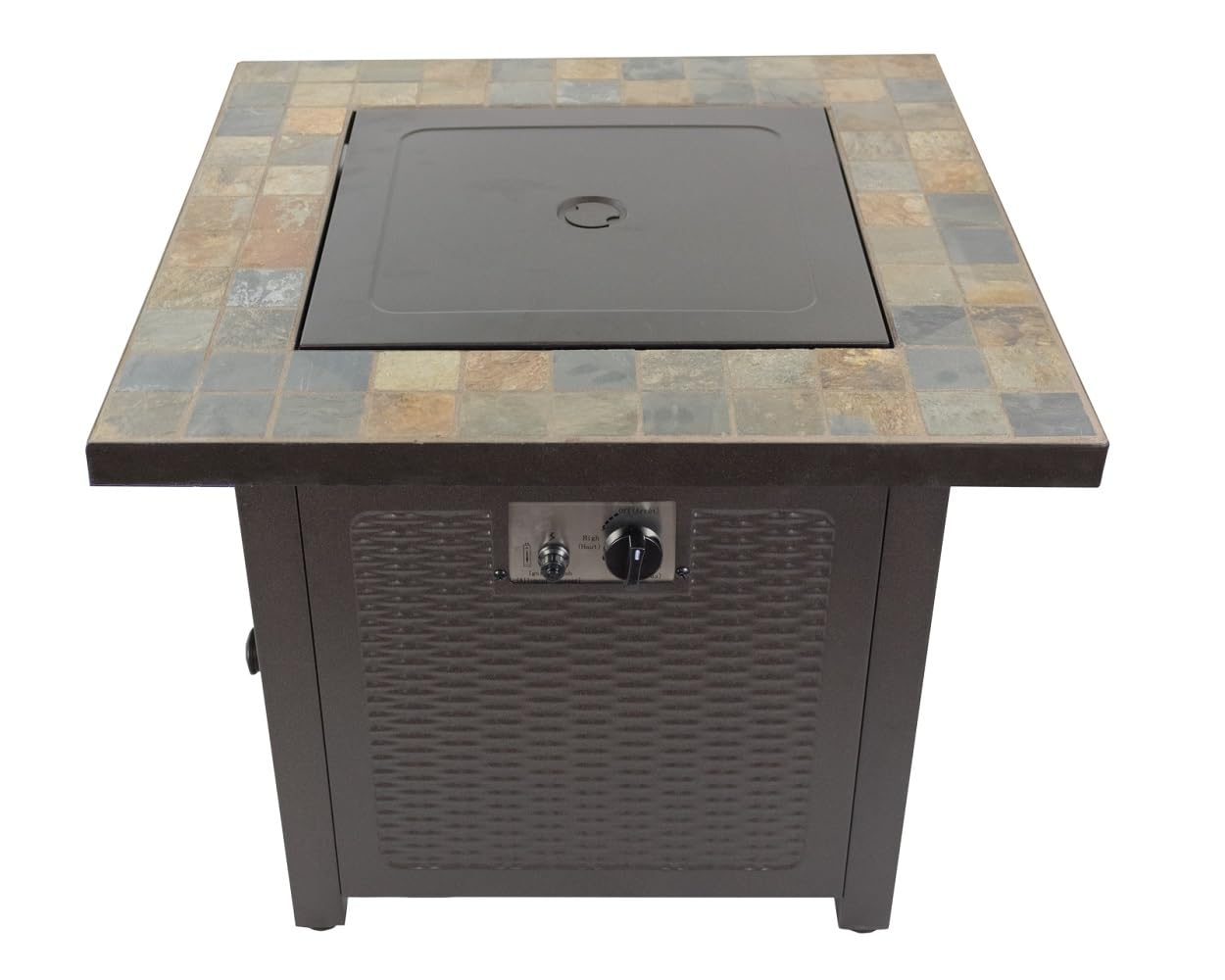 PrimeGlo 30" Propane Fire Pit Table with Lid, Natural Slate Top, 50,000 BTU, Antique Bronze, Stainless Steel Burner, Amber Fireglass