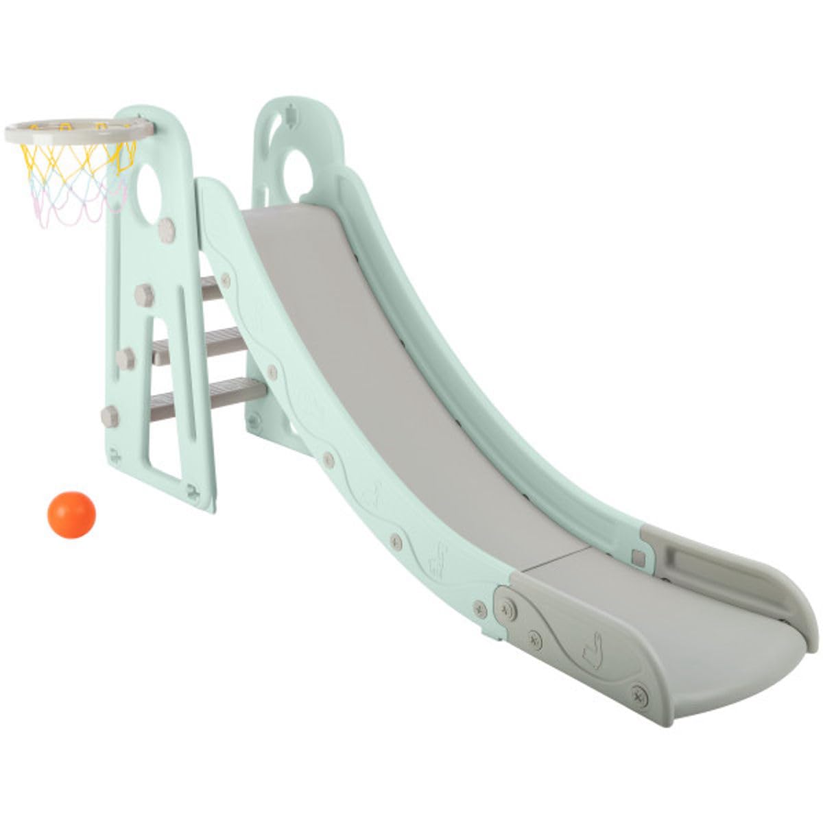 Toddler Slide with Basketball Hoop and Ball - Indoor and Outdoor Play Equipment for Kids Age 3 and Up - Foldable Plastic Climber Slide Playset Toys by Hey Play (Blue)