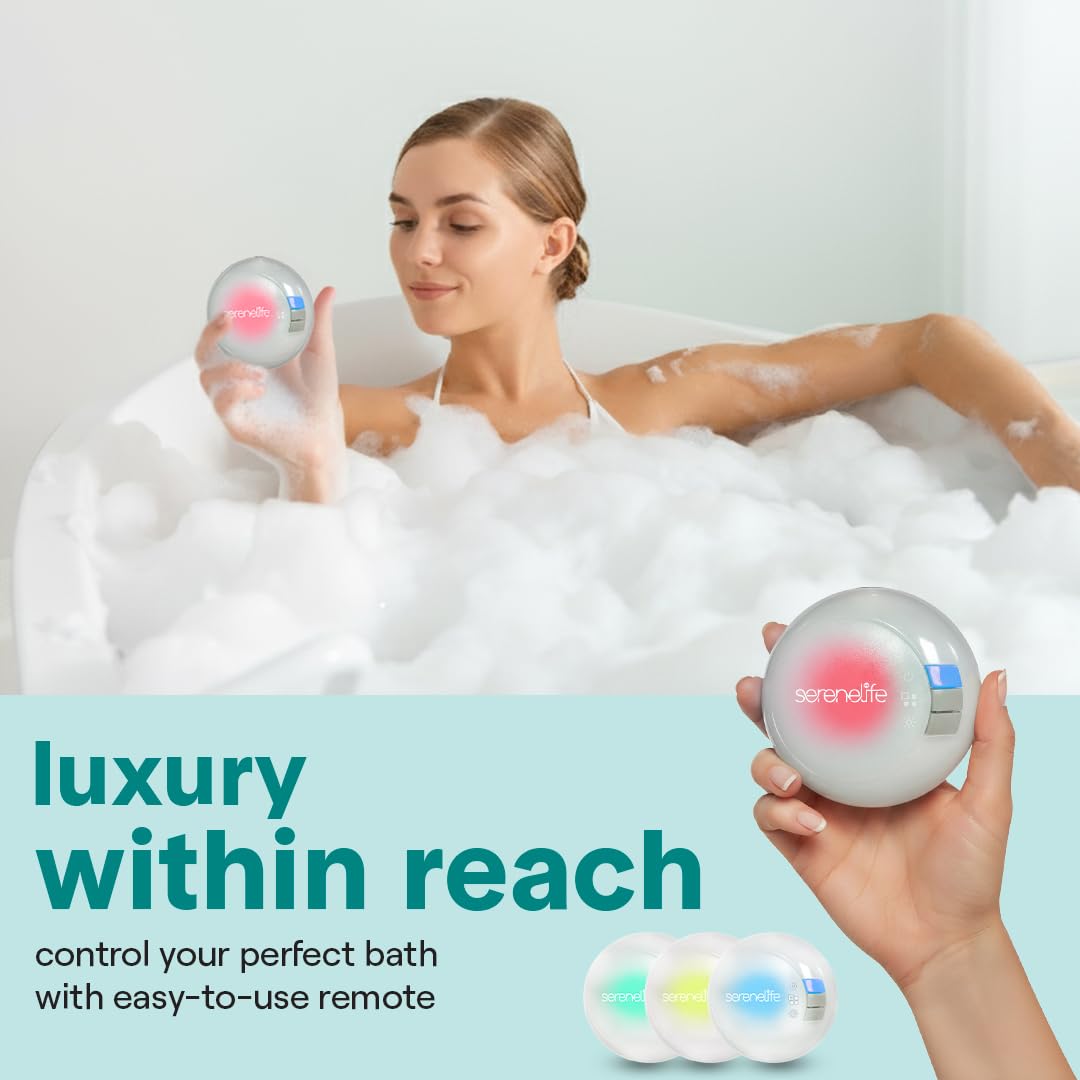 SereneLife Bubble Bath Mat - Portable Spa Bubble Bath Massager with Waterproof Bath Light & Pillow, Adjustable Bubble Intensity, Easy Button Control, Remote Control (Pink)