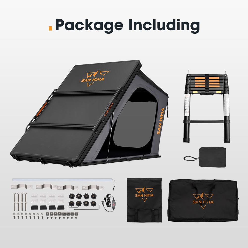 Sanhima Rooftop Tent Hard Shell - Hotham Overland Aluminium Roof Top Tent w/Larger Space, LED Strip Light & Skyview Window, 2” Thick Mattress, for Car SUV Truck Camping, 2-3 People, Gray