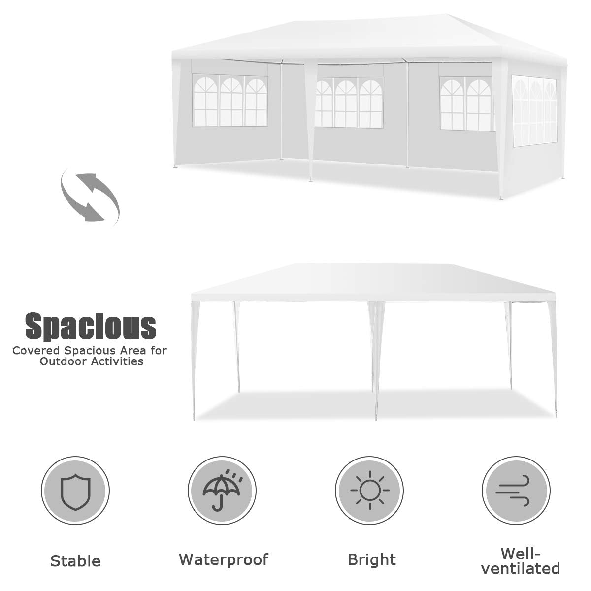 Tangkula Outdoor 10 x 20 Feet Canopy Tent, Party Wedding Tent with Removable Walls, Portable Canopy Shelter Gazebo Pavilion for Event, Backyard, White Tent w/Carry Bag (4 Sidewalls)