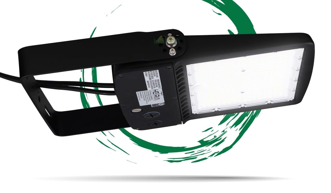 Hetria Lighting 200W - Elara Series - LED Parking Lot Light with Photocell - 28,000 lumens - Bright White 5000K - Wattag Selectable - Flood Mount - Black Housing - DLC 5.1 Premium