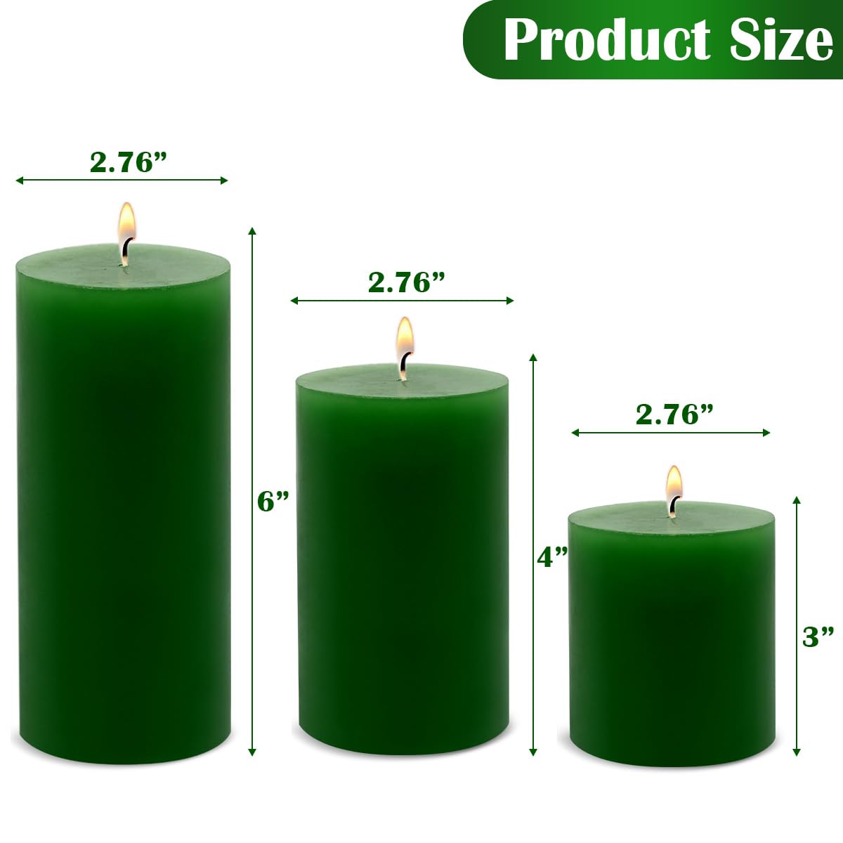 Pillar Candles Set of 3 – Unscented Dripless Rustic Green Candles for Home Decor, Weddings, Table Settings (3” W x 3”, 4”, and 6” H)