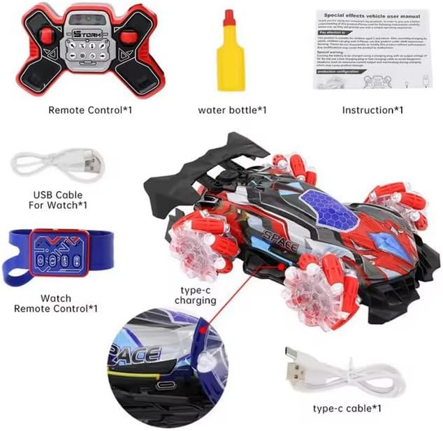 Gesture Sensing RC Stunt Car with Lights & Music Hand Gesture Remote Control Toy with 360° Spins Mist Spray (Blue)