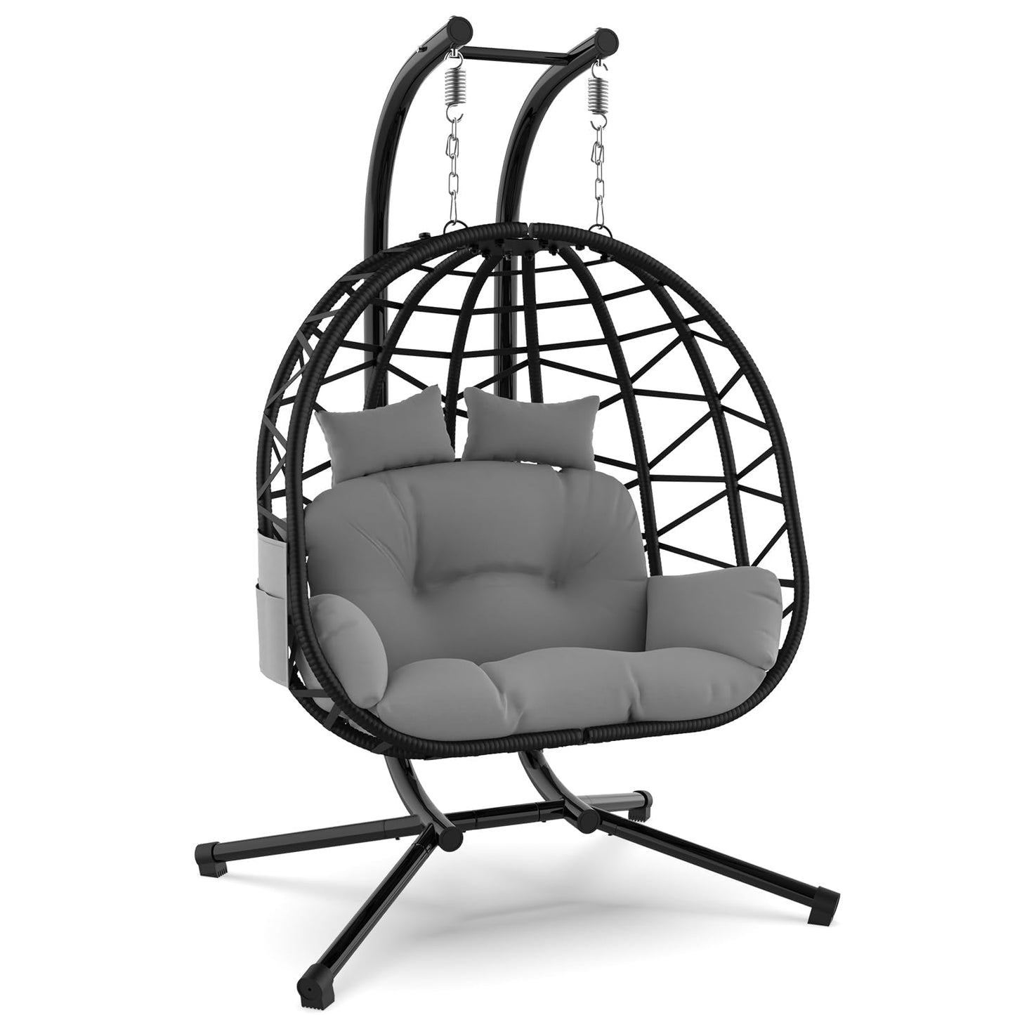 Suteck Double Hanging Egg Chair with Stand, Egg Swing Chair with Cushion,Outdoor Indoor 2 Person Wicker 700lbs Capacity for Patio, Bedroom, Garden - Black