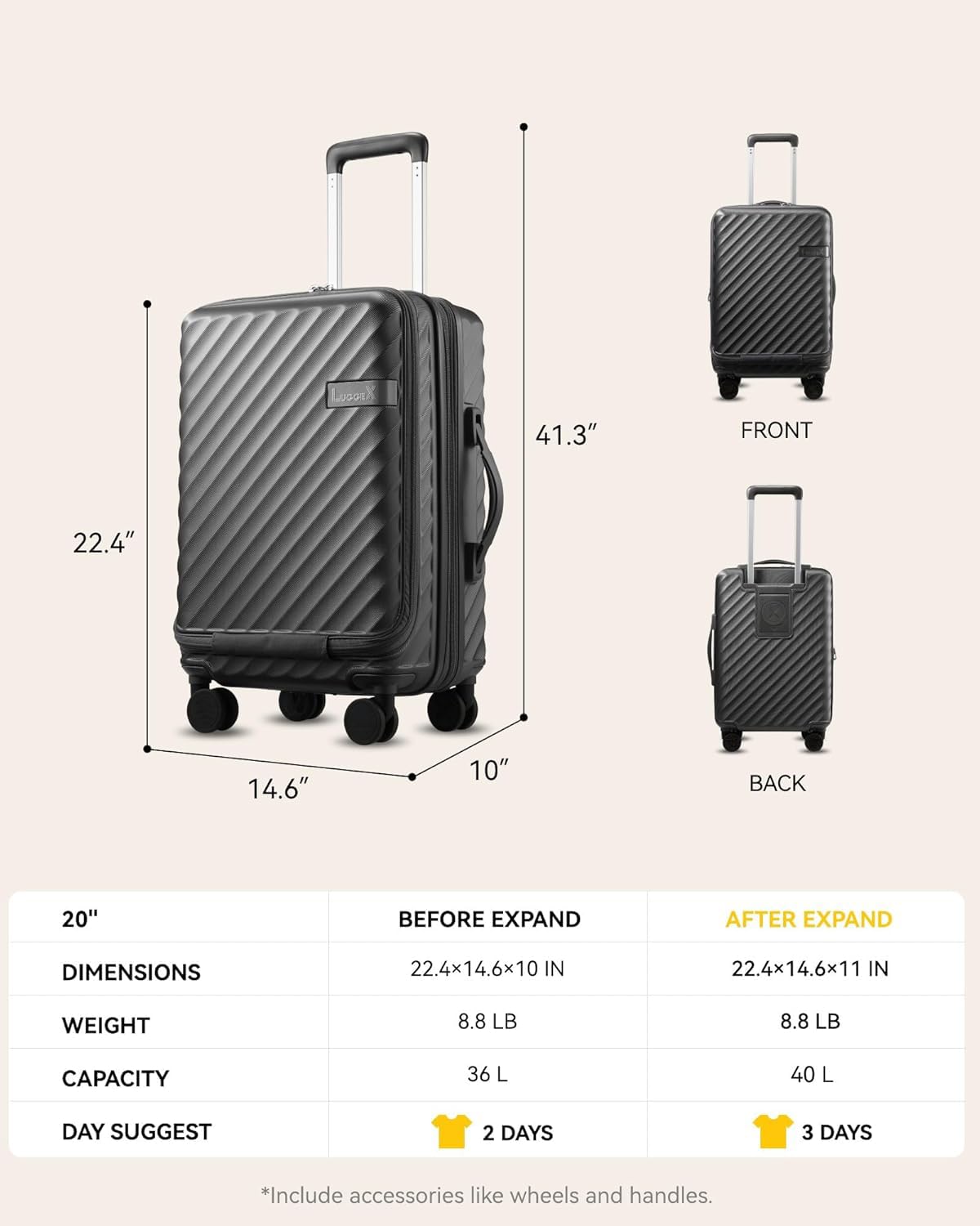 Carry On Luggage with Front Compartment and Cup Holder, KVF Expandable PC Hard Shell Suitcase with Front Pocket (FX-Plus, Midnight Blue, 2-Piece (20/Tote))