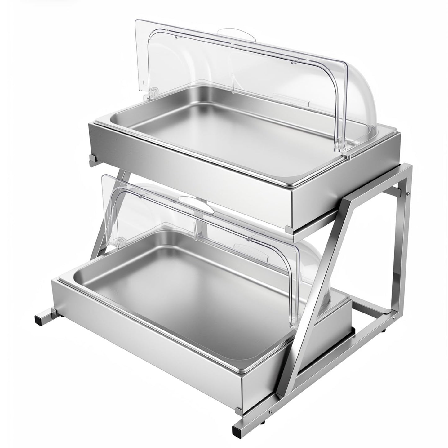 VEVOR Countertop Food Serving Display Container, 2 Tier Stainless Steel Food Salad Server Tray, Buffet Condiment Dispenser, Ice Cooled Rack with Clear Roll Top Cover, for Restaurant Hotel (1/1 Pan x2)