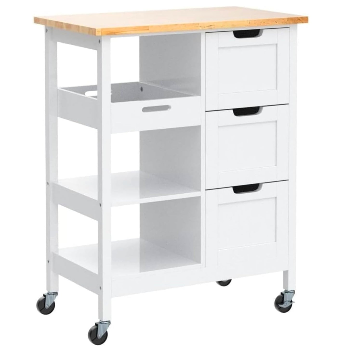 YITAHOME Small Solid Wood Top Kitchen Island Cart on Wheels with Storage, Rolling Portable Dining Room Serving Utility Carts Mobile Movable with 3 Drawers Cabinet, Oak & White