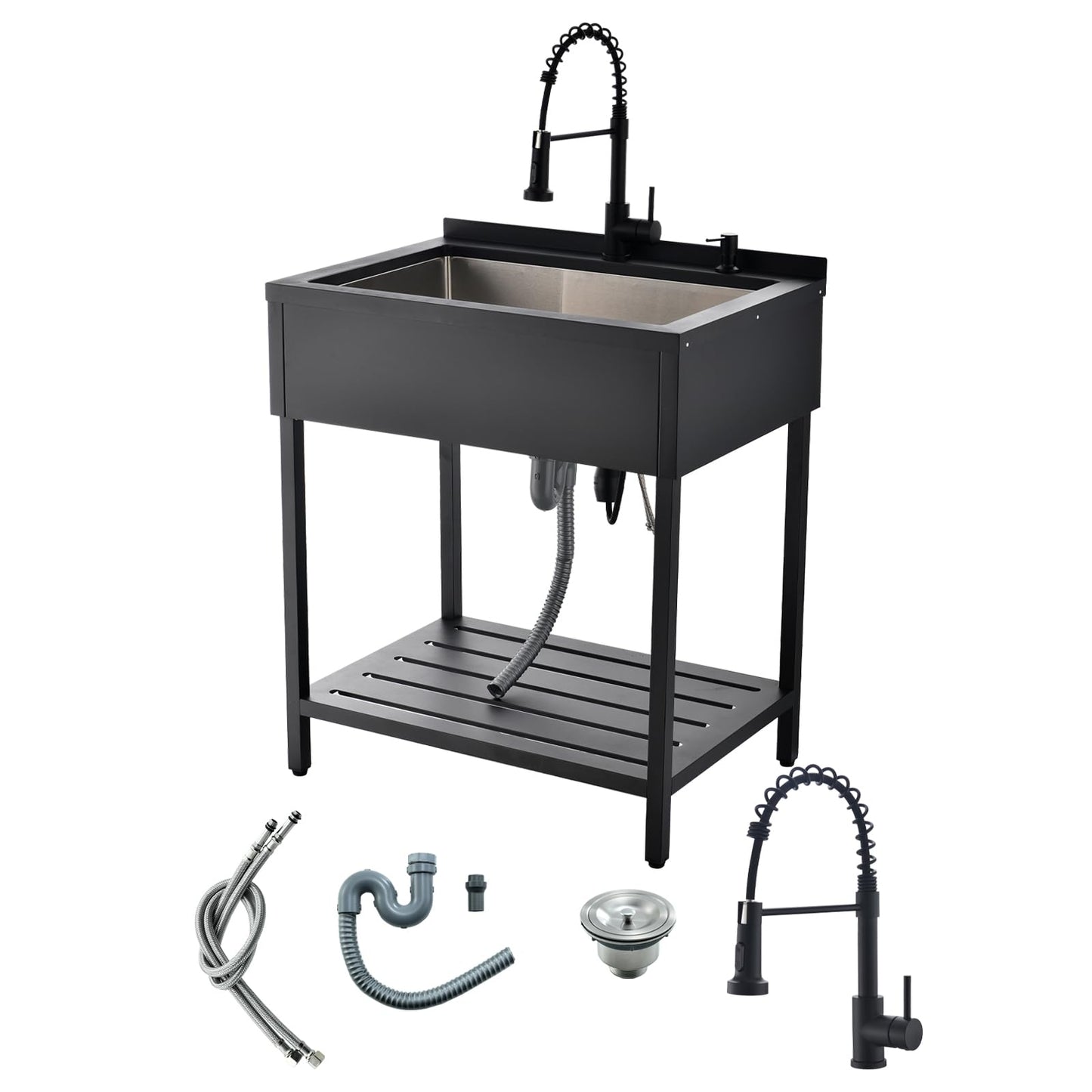 Bokaiya Black Stainless Steel Utility Sink Free Standing, Large Freestanding Laundry Sink with Faucet 16 Gauge Single Bowl Outdoor Commercial Sinks for Restaurant Garage (30.7" x 21.6" x 35")
