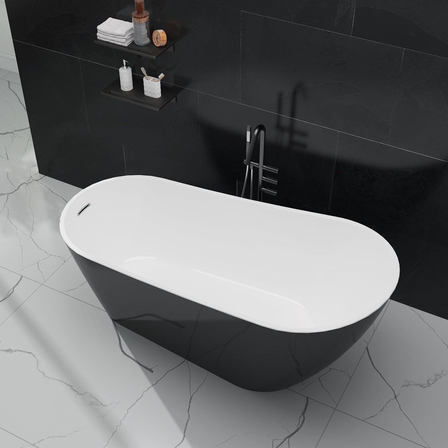 67 Inch Freestanding Bathtub, Soaking Tub, Acrylic, Deep Upright Bathtub with Built-in Drain and Overflow, Contemporary Free Standing, Black Elegant Finish
