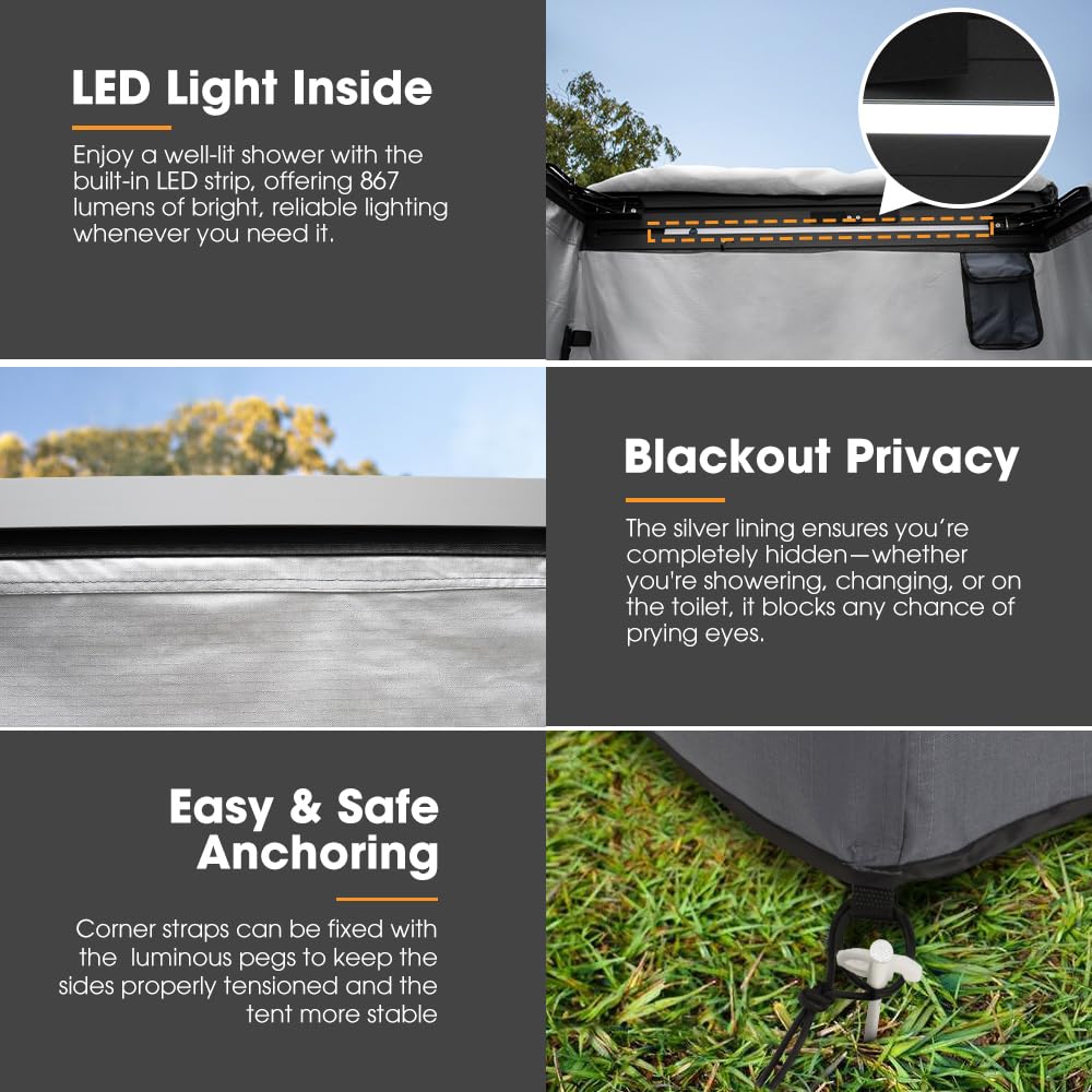 SanHima Awning Shower Tent with 90° Swing Arm - Car Side Shower Room w/LED Light, Camping Waterproof Portable Privacy Shelter Bathroom Overland, Gray