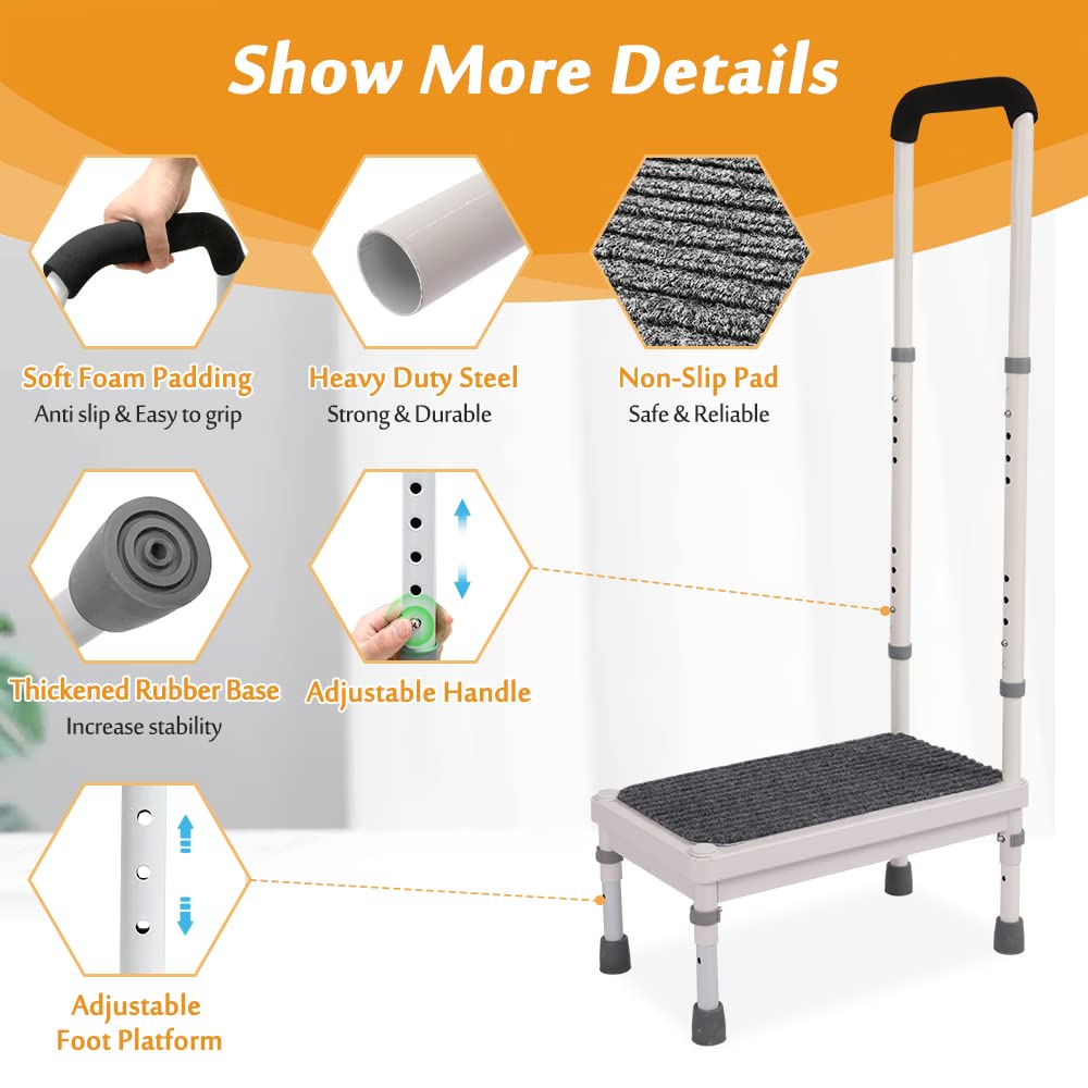 Step Stool with Handle for Elderly Adults, High Beds Steps Heavy Duty Metal Stepping Stool Mobility Aids Stand Assist, Medical Adjustable Bariatric Step Stool for Kitchen, Bedside, SUV, Bath - 400 lbs