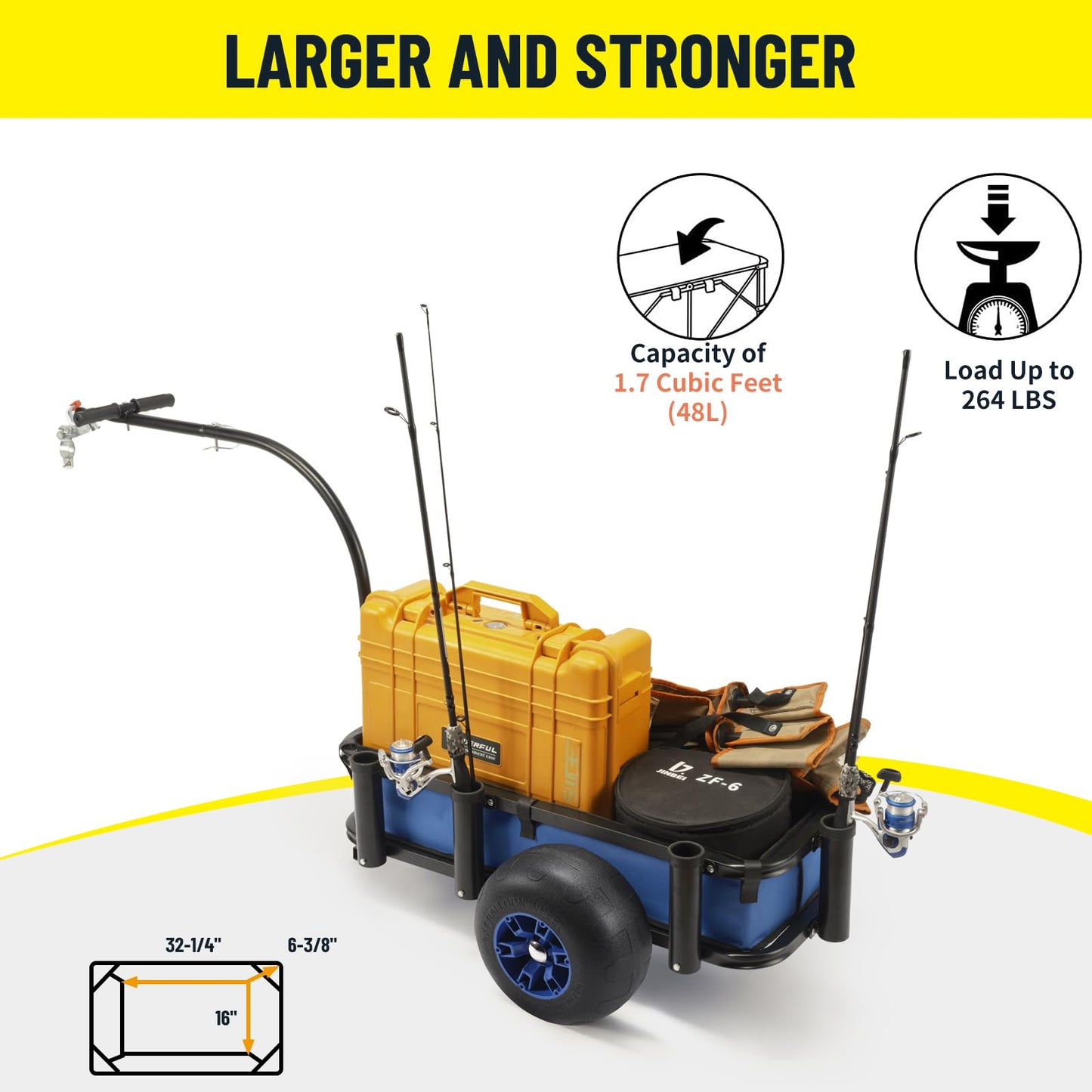 ONECHOI Beach Fishing Cart, 13" Big Wheels Black PU Solid Balloon Tires for Sand, Fishing Wagon Cart Large Capacity with 32-1/4" L x 16" W Liner and PP Plate, Heavy Duty Surf Cart w/Bicycle Hitch