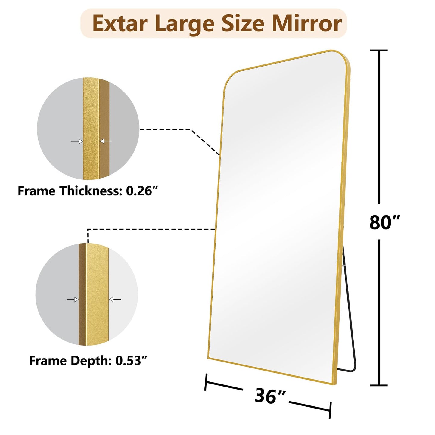 Koonmi Full Length Mirror, 80"x36" Mirror Full Length with Stand, Gold Domed Top Square-Edged Floor Mirror with Aluminum Alloy Frame for Bedroom Living Room