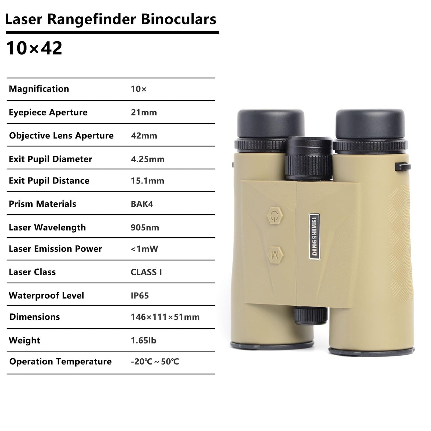 DINGSHIWEI Rangefinder Binoculars for Hunting, 1968 Yards Laser Rangefinder, 10x42 HD Optics, Fast 0.15s IP65 Waterproof ±0.5m for Golf, Bird Watching, Outdoor, Khaki