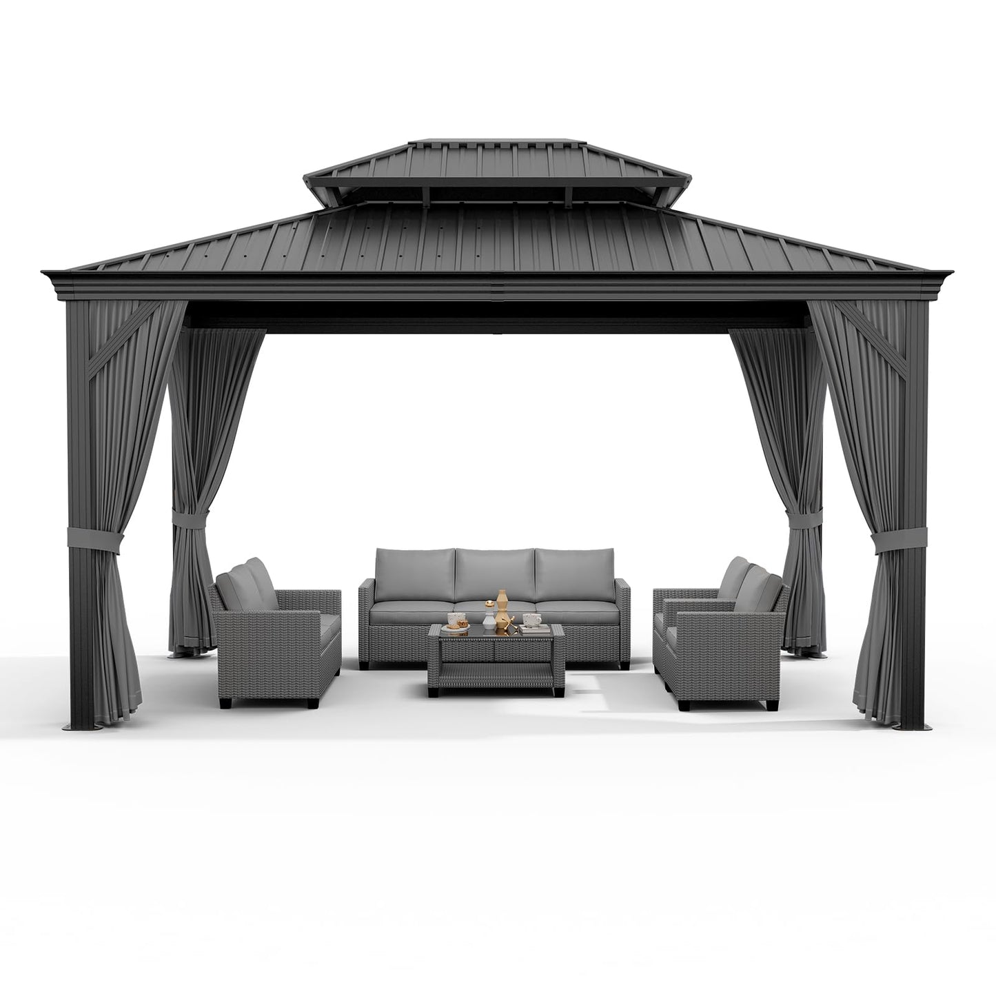 GarveeHome Outdoor Hardtop Gazebos 10 x 12 ft Permanent with High Strength Aluminum Frame, Double-Roof, Pavilion with Curtain and Netting for Patio, Lawn, Deck, Garden (Darkgrey, 10x12 ft)