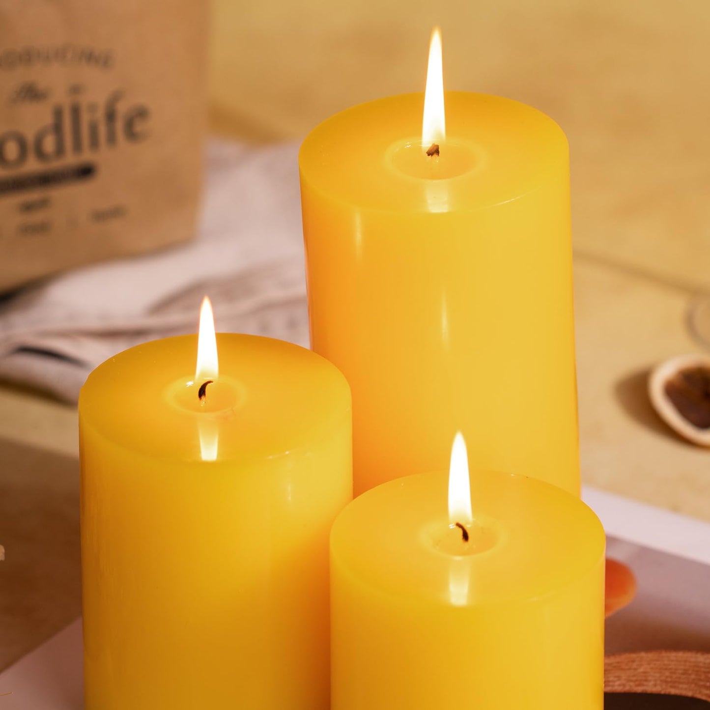 KONNI Yellow Pillar Candles Set of 3, 3"x 4" Unscented Pillar Candles Bulk, 39 Hours Long Burning Candles, Smokeless&Dripless Large Round Candle for Wedding, Home Decoration, Parties, Spas, Dinner