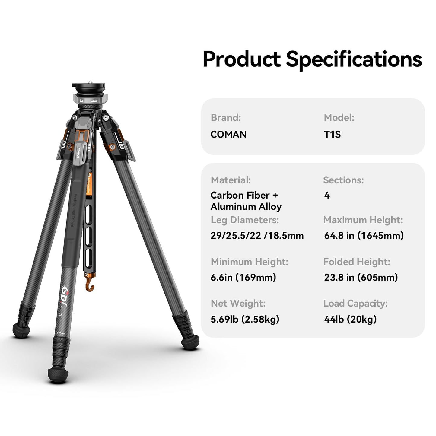 COMAN T1S Snap Open Carbon Fiber Tripod, Professional Tripod for Camera with Ball Bowl Head, 65'' Video Tripod with Quick Release Center Column, Max Load 20kg / 44lb