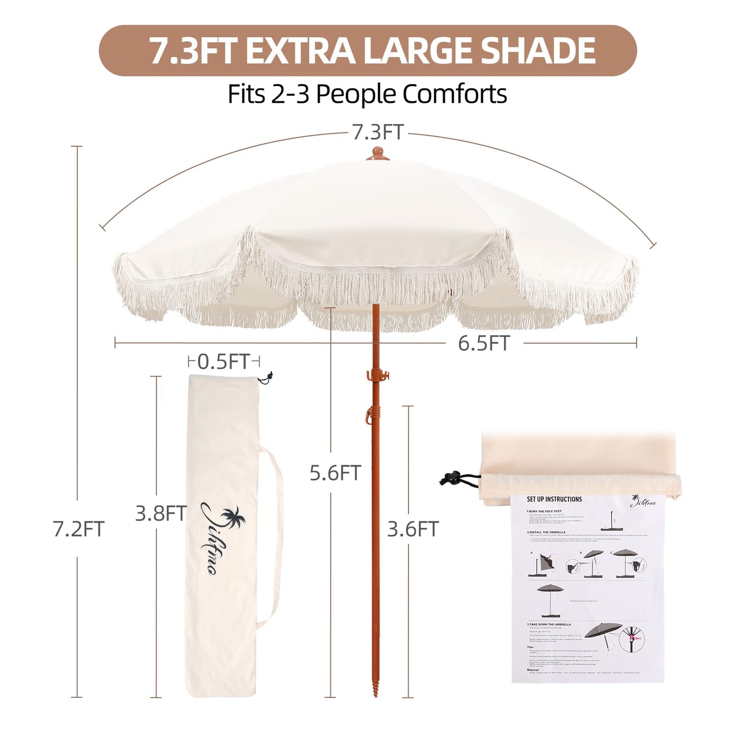 Jihfmo 7.3ft Boho Beach Umbrella with Integrated Sand Anchor & Reinforced 8mm Ribs – Heavy Duty Windproof Fringe Patio Umbrella, UPF 50+ Sun Shade with Tilt Mechanism & Carry Bag for Outdoor, Garden, Seaside (Cream/White)