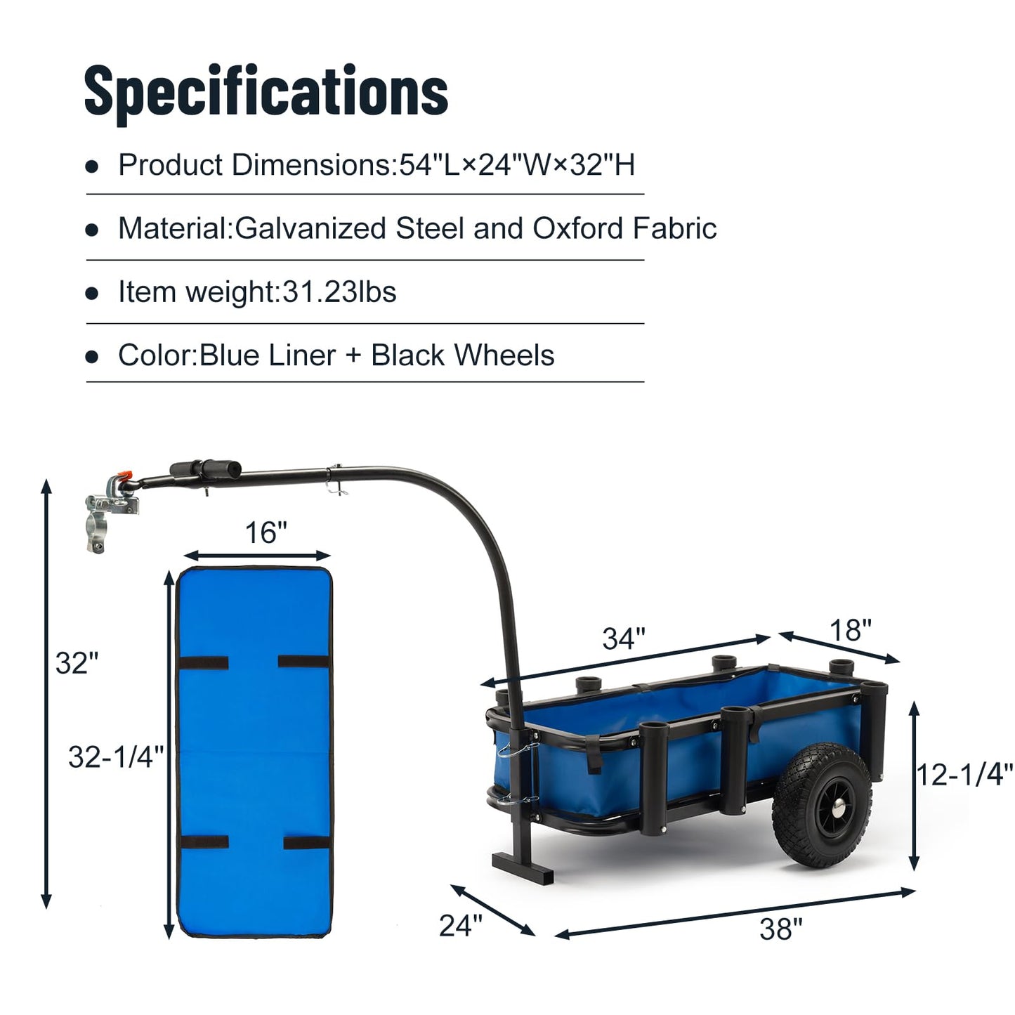 ONECHOI Beach Fishing Cart, w/10 Big Wheels Black PU Solid Balloon Tires for Sand, Fishing Wagon Cart Large Capacity with 32-1/4" L x 16" W Liner and PP Plate, Heavy Duty Surf Cart w/Bicycle Hitch