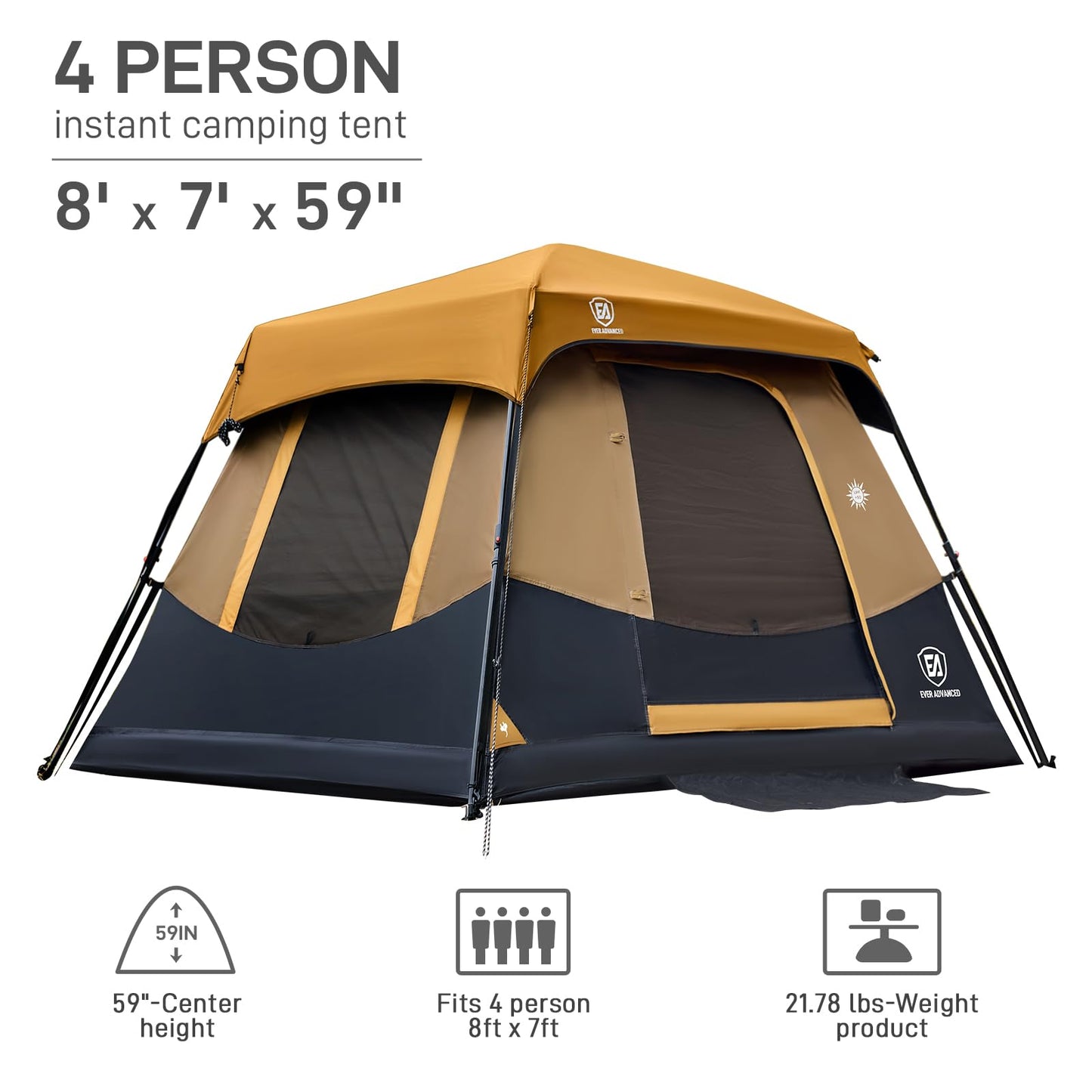 EVER ADVANCED 4 Person Blackout Camping Tent, 60s Easy Setup Instant Cabin Tent for Family, 4000mm Water-Resistant & UV Protection Light-Blocking Tent with Rainfly for Outdoor Travel, 8' x 7' x 59"