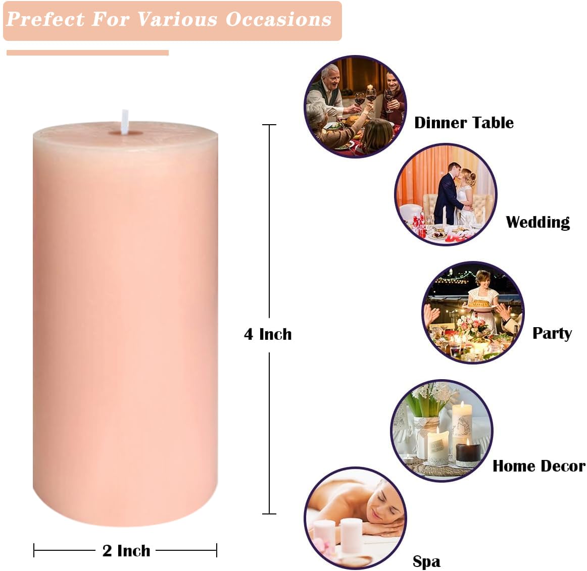 4 Pack Flesh-Pink Unscented Pillar Candles, 2x4 Inch, Long-Lasting, Dripless and Smokeless, Ideal for Home Decor, Parties, Weddings and Relaxation