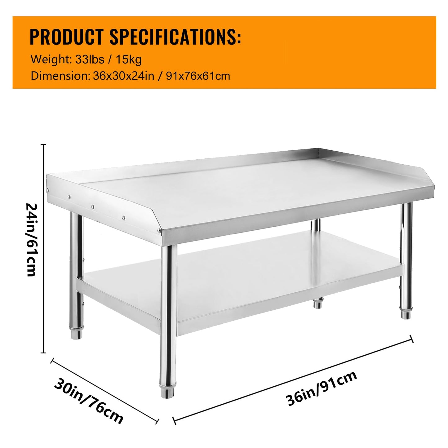 GarveeTech Stainless Steel 36x30x24 in Equipment Grill Stand Table, 1000 LBS Top Shelf, 220 LBS Bottom Shelf, Adjustable Legs, 2 in Edge Baffle, for Hotel, Home, Commercial Restaurant Kitchen
