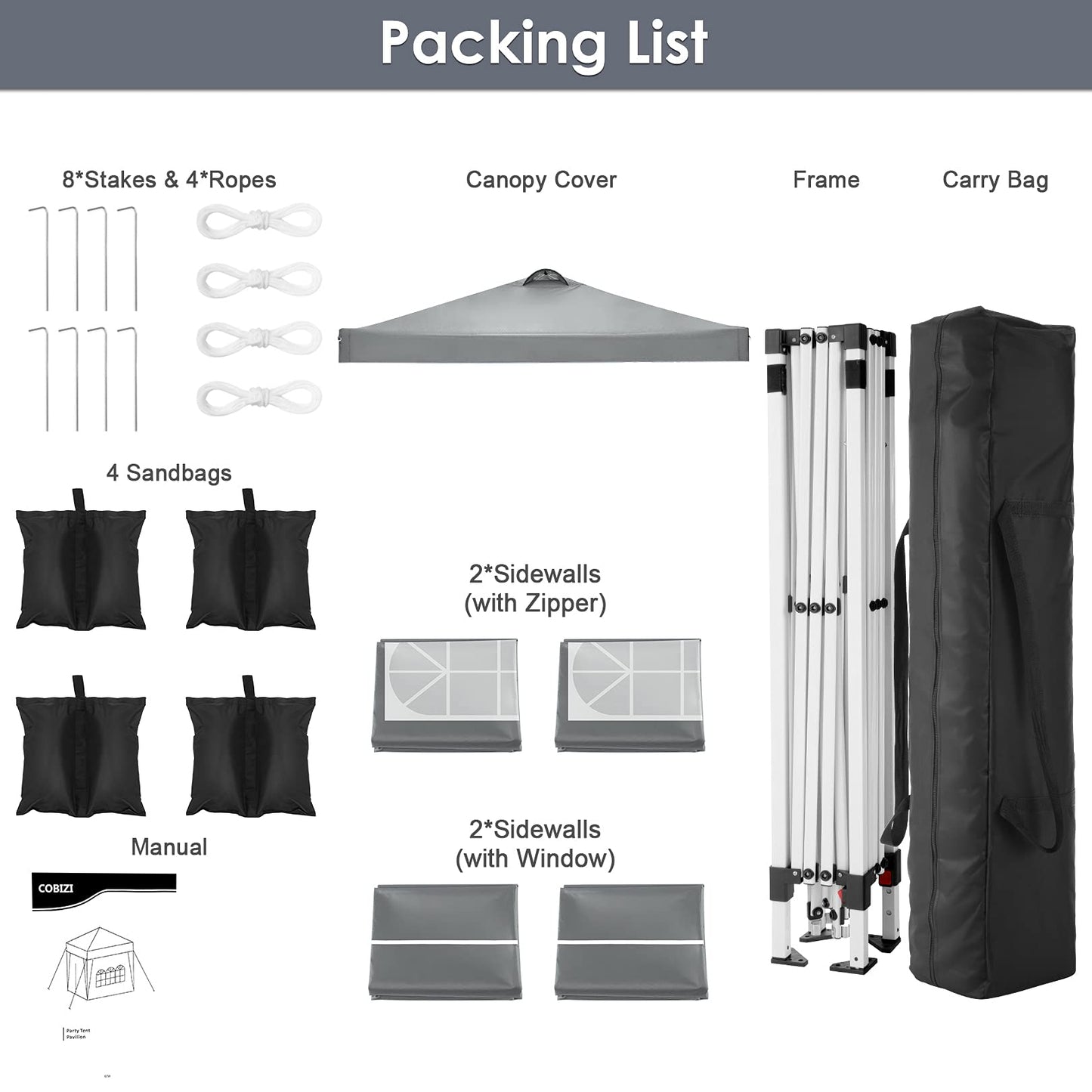 COBIZI Canopy 10x10 Pop Up Canopy Tent with 4 Sidewalls, One Push Party Tents for Parties Outdoor Wedding Waterproof Gazebo Commercial Event Tent with Sandbags, Pigeon Grey