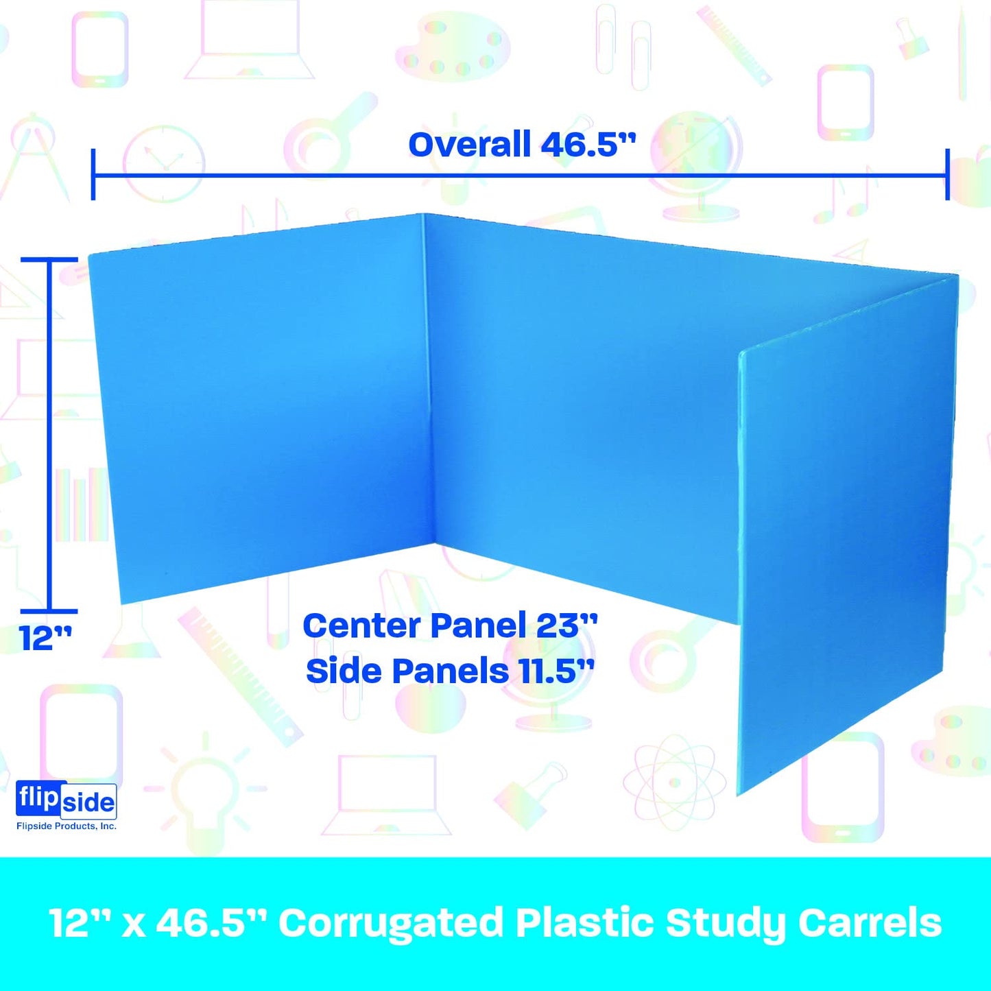 Flipside Products 12”x 46.5” Blue Plastic Study Carrel, Privacy Boards, Premium Corrugated Plastic, Student Privacy and Focus Booth for The Classroom, Desk Divider, Made in USA - 12 Pack