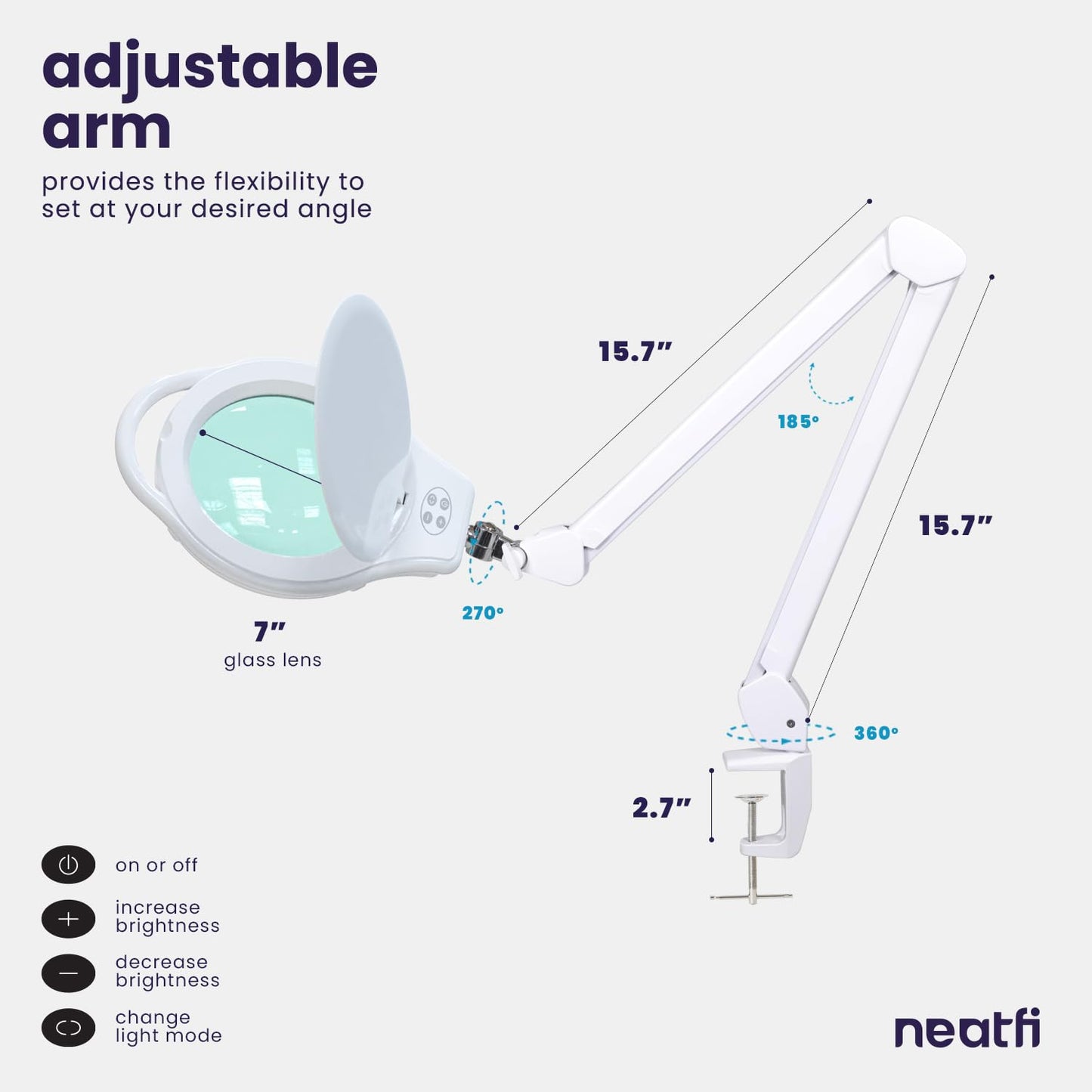 Neatfi Elite XL HD LED Magnifying Lamp | 7-Inch Lens | 1.75X + 4X Magnification | Dimmable | 3 Light Modes (3000K / 4000K / 6500K) | Adjustable Arm | Glare-Free (White-2, 7-inch Lens, CCT with Clamp)