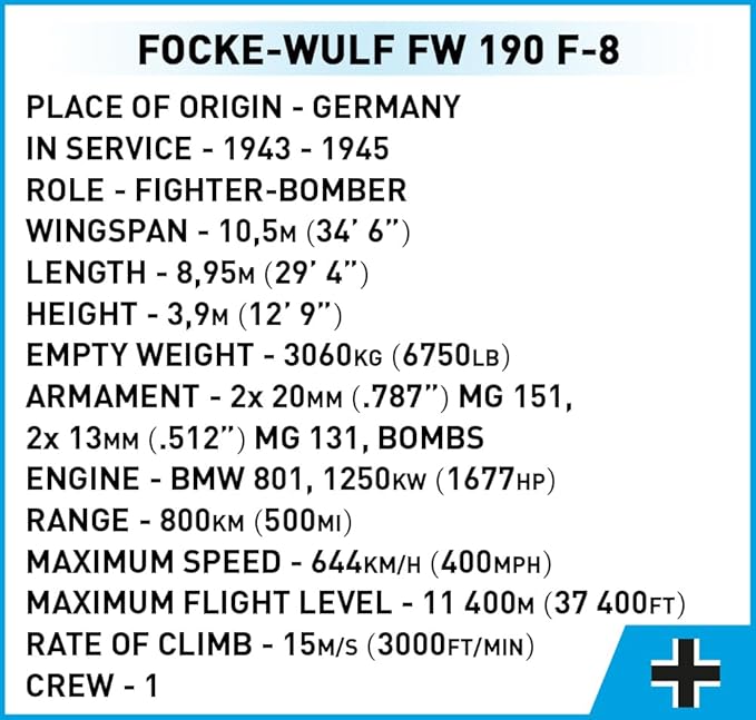 COBI Historical Collection WWII Focke-Wulf Fw 190 F-8 Aircraft Building Set 170 Pieces