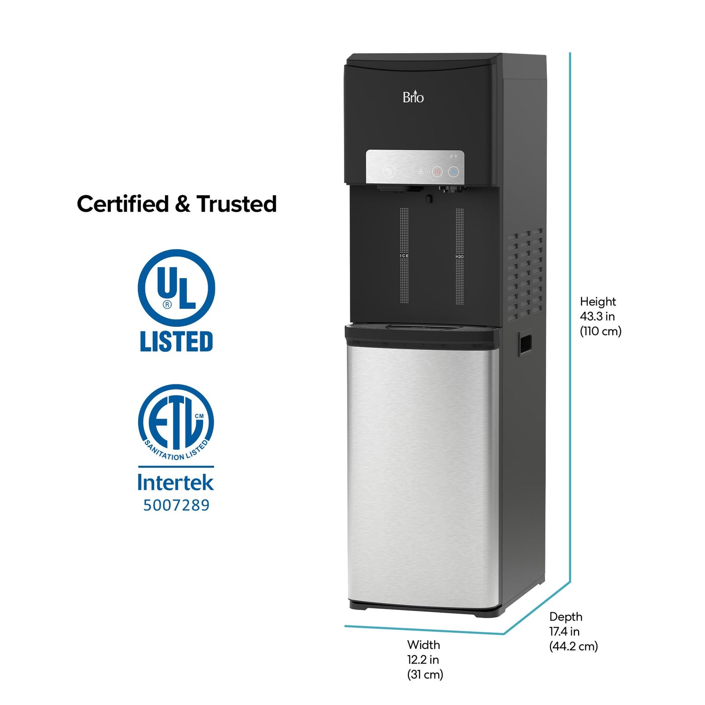 Brio ICE 420 Water Cooler Dispenser for 5 Gallon Bottle with Ice Maker, Bottom Load | UV Self Cleaning Technology, Night Light, Child Safety Lock & 2X Fast Dispense | NSF Certified - Black & Stainless