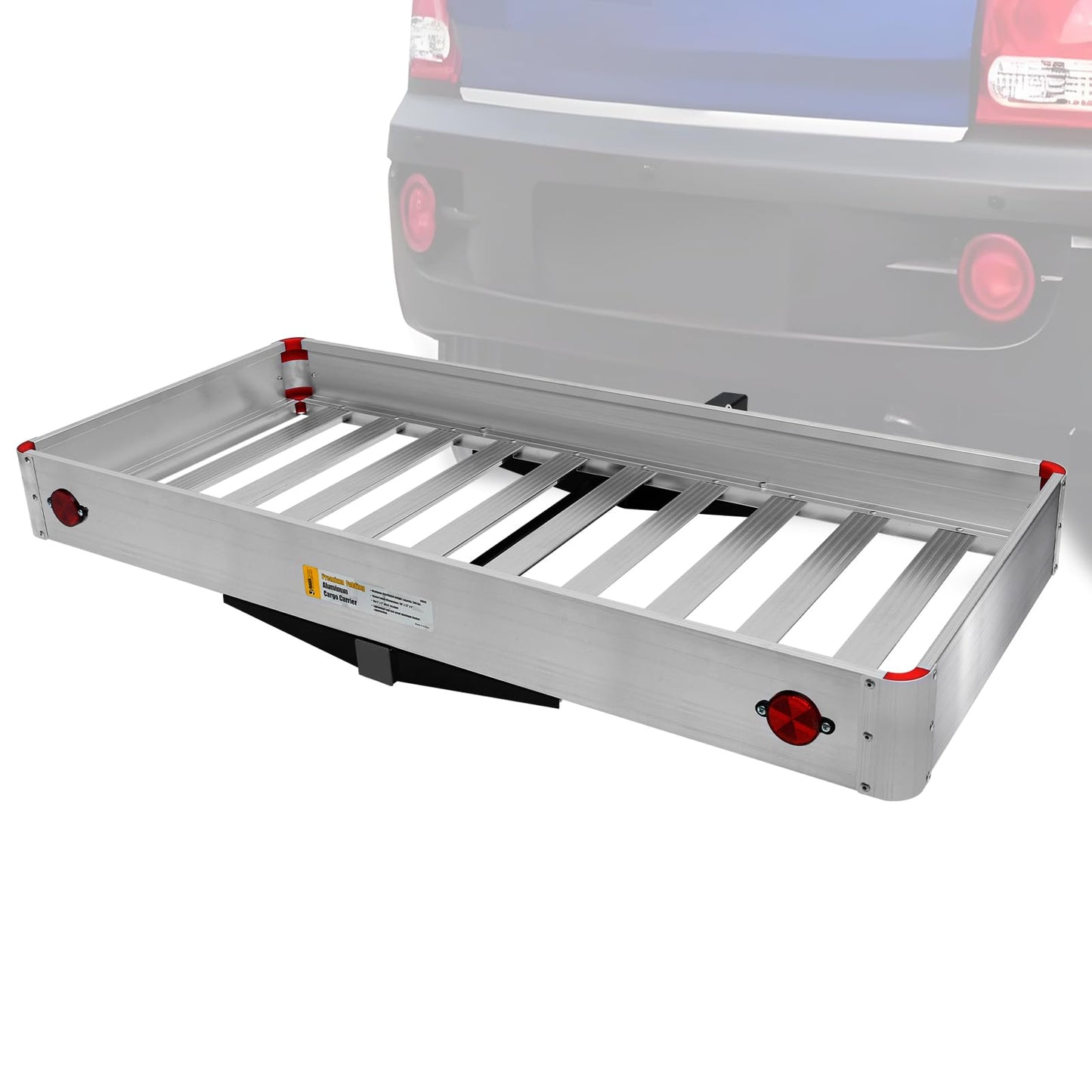 MaxxHaul 50149 500-lb Capacity 50 inch x 22 inch Hitch Mount Premium Folding Aluminum Cargo Carrier Rack Basket with High Side Rails and Reflector Lens for Added Safety