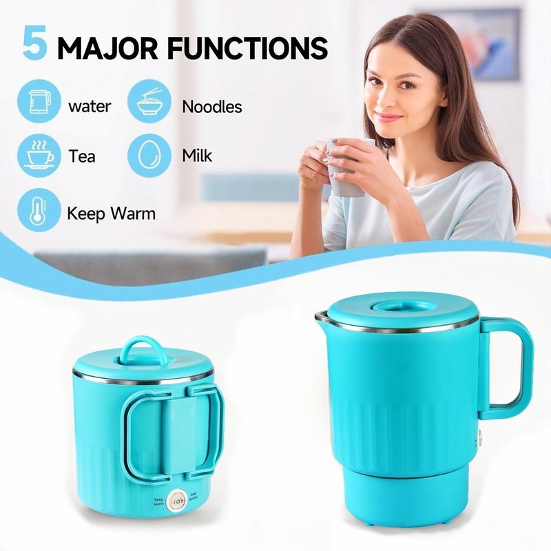 0.8L Small Portable Electric Kettle with Foldable Handle, 27 Ounce Travel Electric Kettle 304 Stainless Steel, Collapsible Hot Water Boiler for RV, Camping, Hotel, Office, Business Trip (Blue)