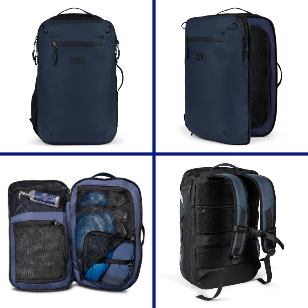 COR Surf Carry On Travel Backpack Bundle | Island Hopper Travel Backpack with Toiletry Bag and Compression Packing Cube Set (Blue, 28L)