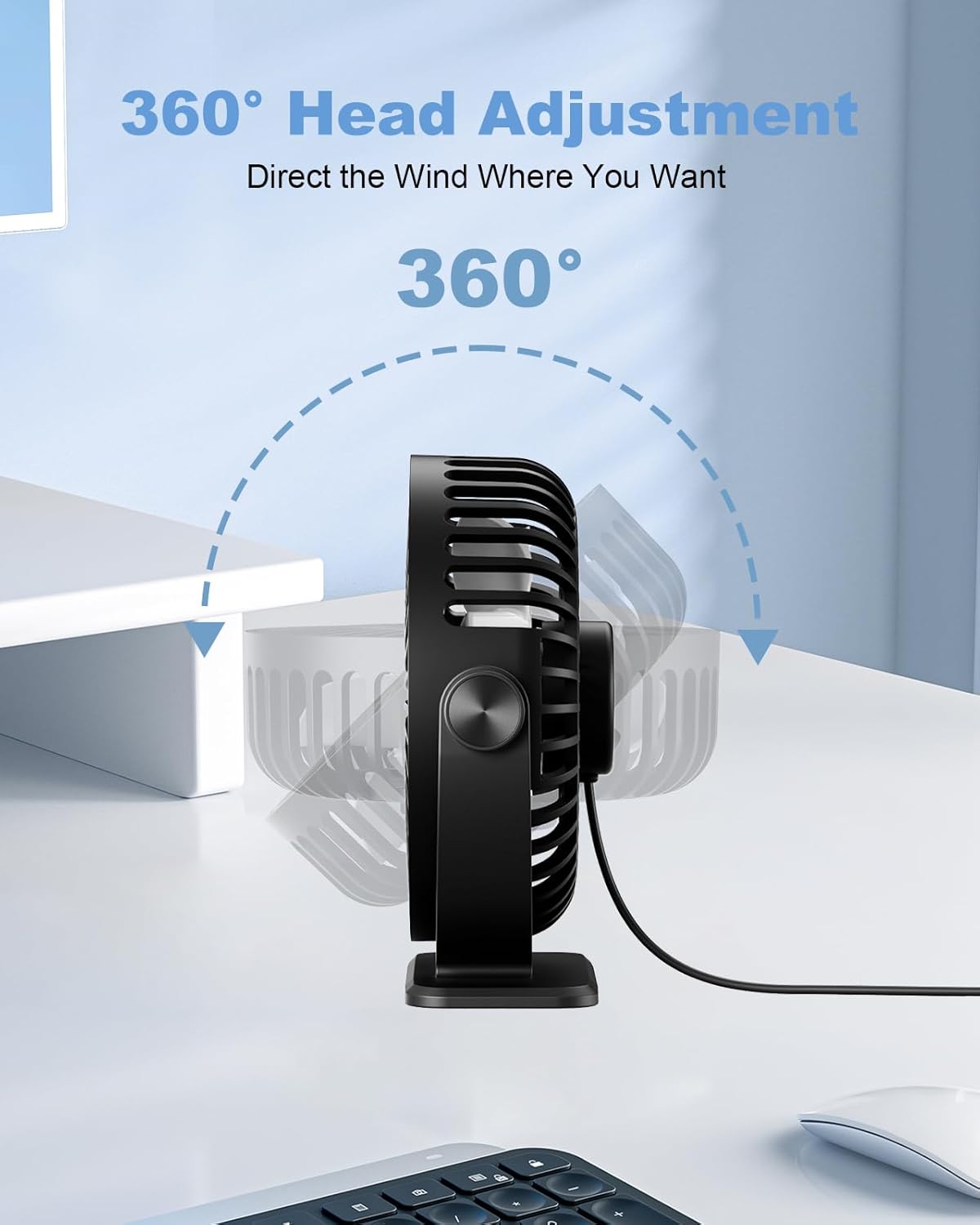 TriPole USB Powered Desk Fan - Portable Mini Fan with 3 Adjustable Speeds & 360° Rotation | Black, 4.9ft Cable