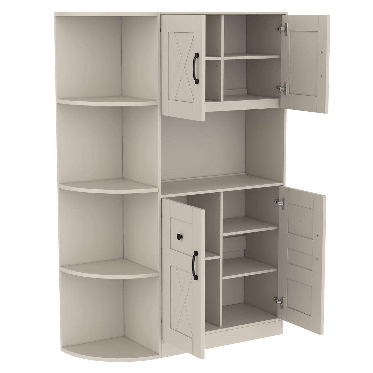 KEIKI Multifunction Entryway Storage Cabinet Set with Bench, Modular Hallway Organizer with Hooks, Open Shelves, Hidden Storage, Farmhouse Accent Cabinet for Living Room, Kitchen, Entryway, Beige