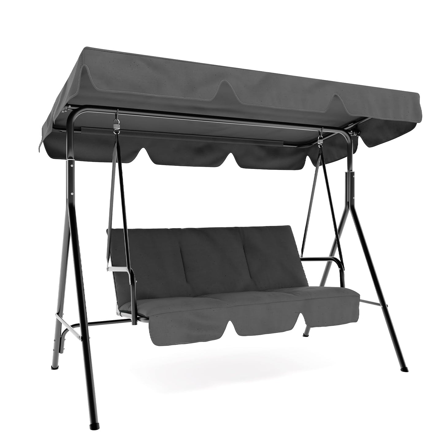 3 Seat Outdoor Porch Patio Swing with Stand and Adjustable Canopy, 800lbs Patio Chairs Porch Swing with Adjustable Tilt Shade for Blackyard Garden Deck, Grey