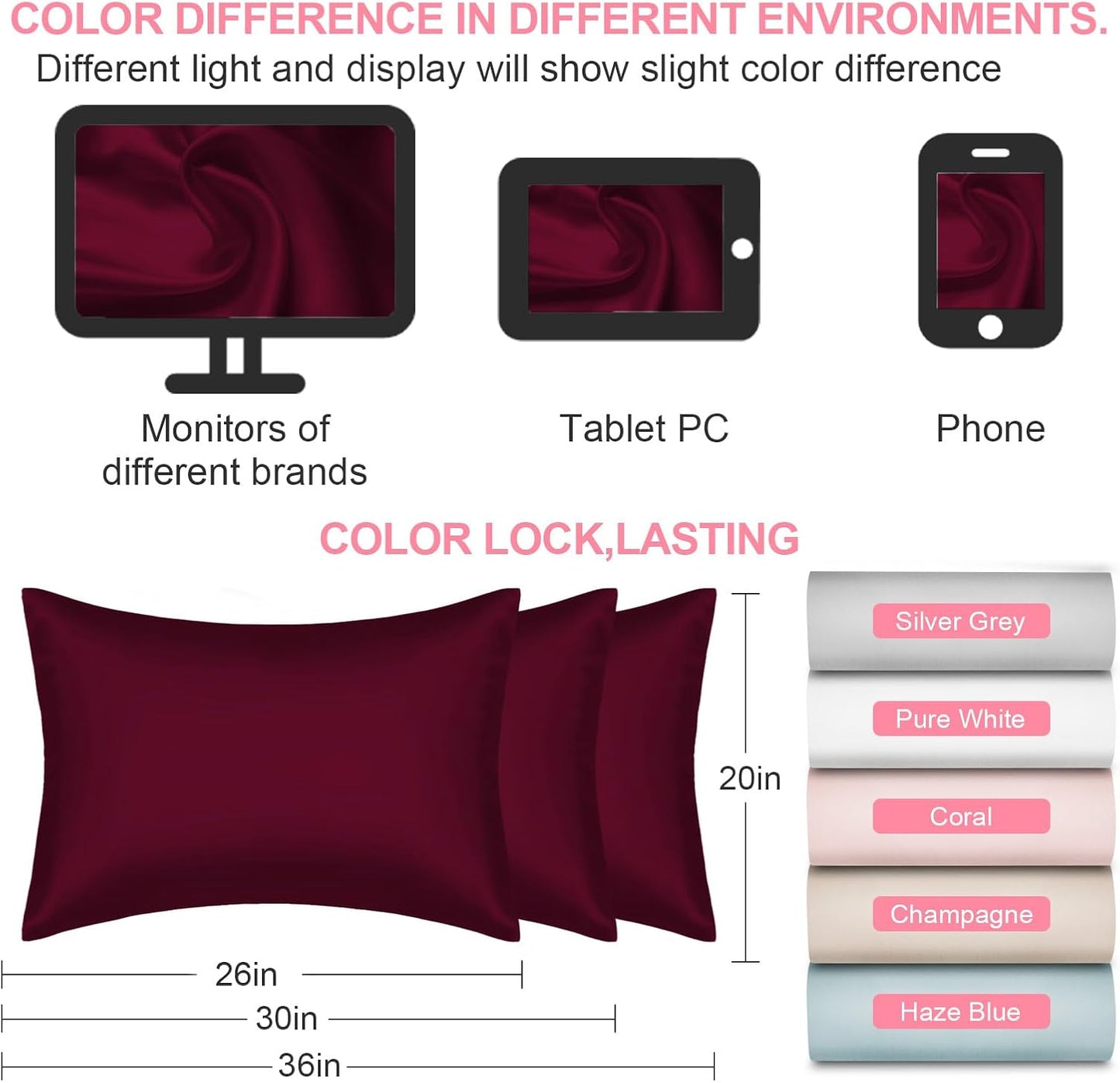 Skiennix Mulberry Silk Pillowcases - 2 Pack Queen Size with Hidden Zipper | Smooth, Breathable, Cooling - Burgundy Red
